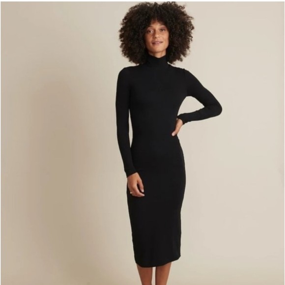 Marine Layer Lexi Ribbed Mockneck Long Sleeve Midi Dress in Black XS - Picture 1 of 11